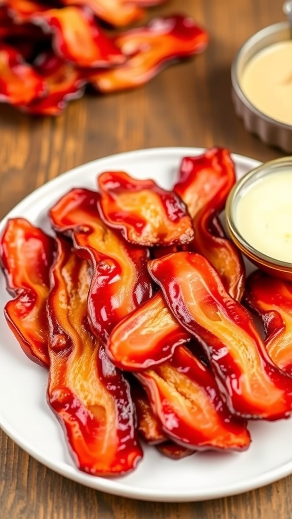 Crispy Air Fryer Bacon Ends Recipe Crispy air fryer bacon ends served on a plate with a dipping sauce.